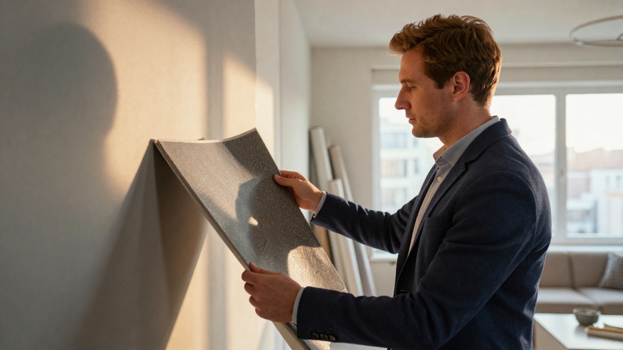 Мужчина рассматривает образцы флизелиновых обоев Loymina в современном интерьере квартиры