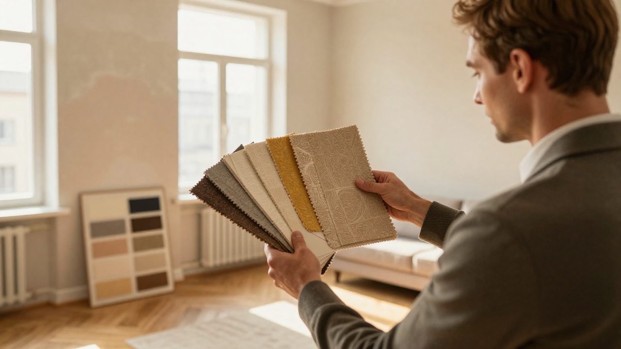 Мужчина выбирает флизелиновые обои Loymina в современном интерьере московской квартиры